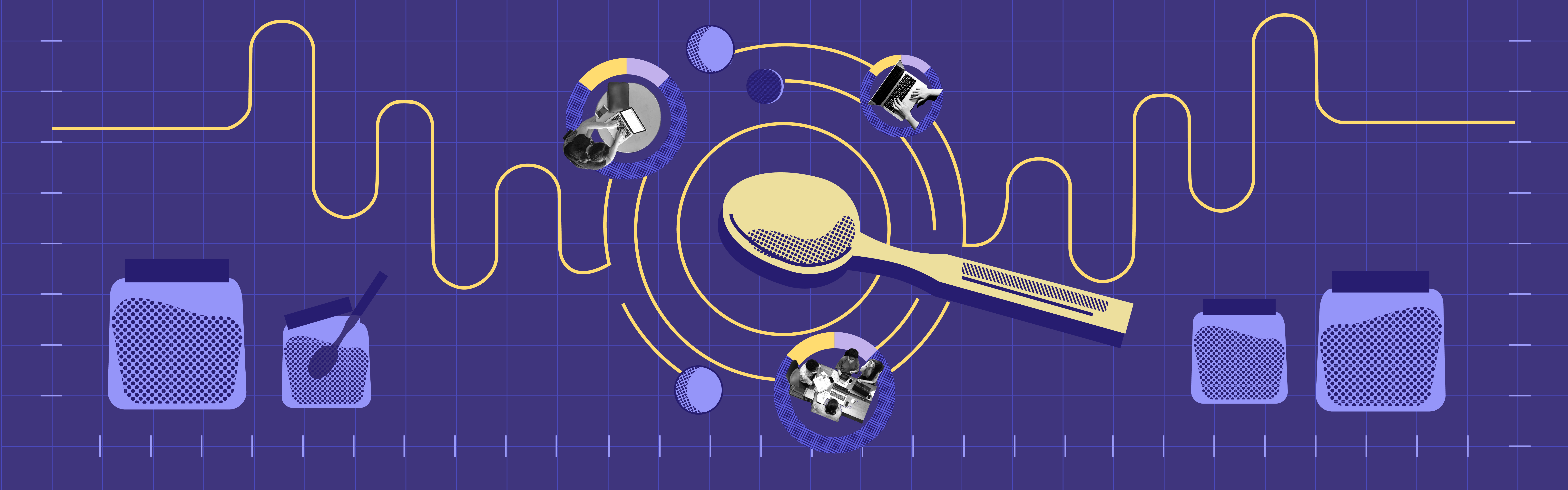 Purple and yellow graphic with networking lines circling a spoon centered in the middle.